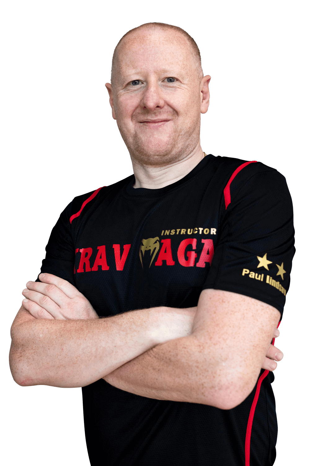 A man wearing a black t - shirt with the word krav maga on it.